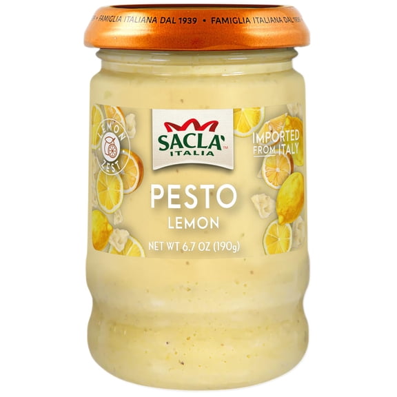 SACLA Lemon Pesto | Bright & Citrusy Italian Pesto Sauce with Lemon Zest & Almonds | 6.7 oz Jar Non-GMO, Vegetarian | Imported from Italy