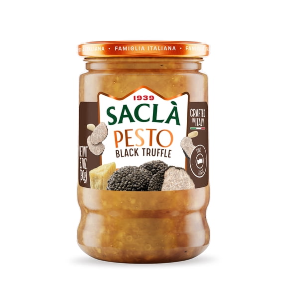 SACLA Pesto with Black Summer Truffle | Italian Basil Pesto Sauce with Real Truffle & Cheese | 6.7 oz Glass Jar | Gourmet Non-GMO Paste | Imported from Italy
