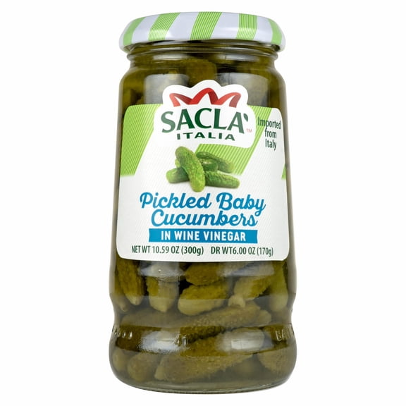 SACLA Pickled Baby Cucumbers | Italian Gherkin Pickles in Vinegar Brine | 10.59 oz Glass Jar | Crunchy & Tangy Antipasto | Non-GMO Vegan | Imported from Italy