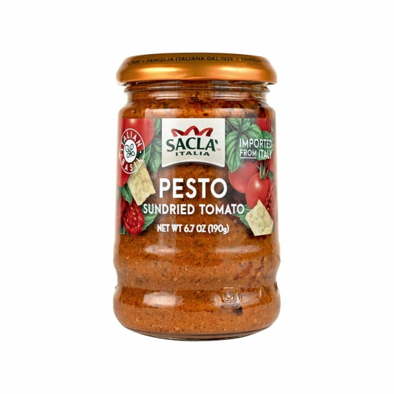 SACLA Sundried Tomato Pesto | Authentic Imported Italian Sun-Dried Tomatoes and Cheese Sauce | 6.7 oz Glass Jar | Non-GMO | Made in Italy