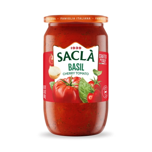 SACLA Cherry Tomato and Basil Pasta Sauce with No Added Sugar Natural Non-GMO Tomatoes with Basil and Extra Virgin Olive Oil 24 oz Glass Jar Imported from Italy Authentic Italian Sauce