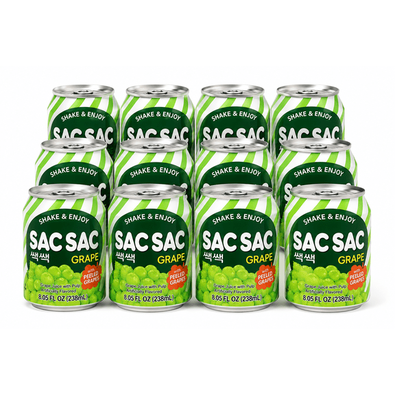 SACSAC Korean Grape Drink with Peeled Grapes, 8.05 fl oz Cans, Pack of 12