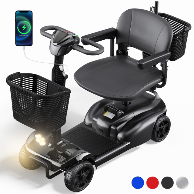 SACVON 4 Wheels Mobility Scooter with Cane Holder for Seniors, Electric Folding Wheelchair Device for Travel, Black