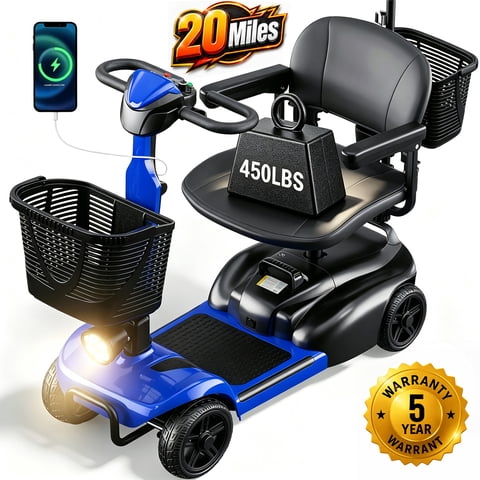 SACVON 4 Wheel Mobility Scooter for Seniors, with 450 lbs Capacity, 320W Motor, 20 Mile Range, Comfort Swivel Seat, Detachable Dual Baskets, USB Port & LED Light, Blue