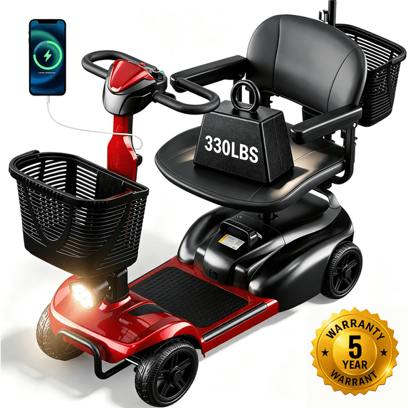 SACVON 4 Wheel Mobility Scooter for Seniors, with 330 lbs Capacity, 250W Motor, Long Battery Life, Comfort Swivel Seat, Detachable Dual Baskets, USB Port & LED Light, Red