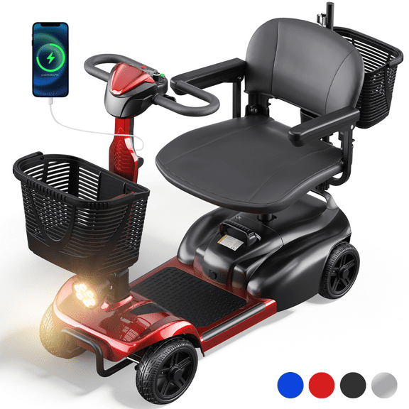 SACVON 4 Wheels Mobility Scooter with Cane Holder for Seniors, Electric Folding Wheelchair Device for Travel, Red