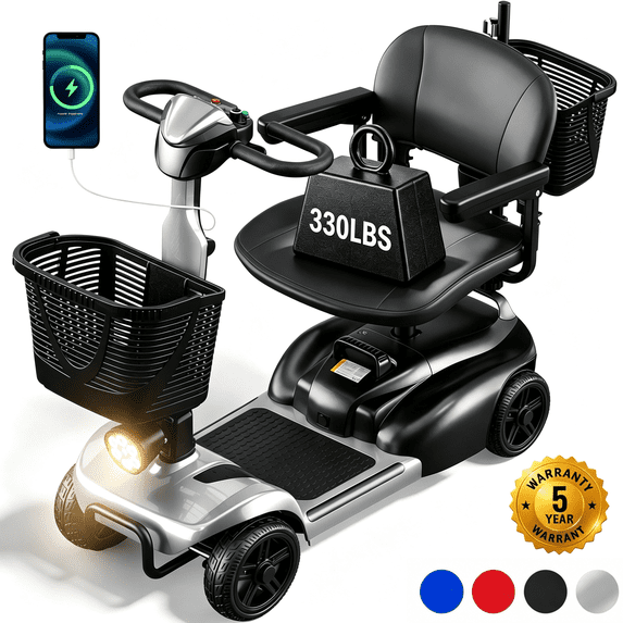 SACVON 4 Wheel Mobility Scooter for Seniors, with 330 lbs Capacity, 250W Motor, Long Battery Life, Comfort Swivel Seat, Detachable Dual Baskets, USB Port & LED Light, Silver