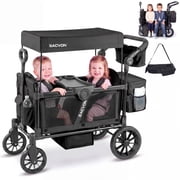 SACVON Wagon Stroller for 2 Toddlers, 4 in 1 Collapsible Stroller Wagon with Side Entry, 5 Point Safety Harness, Adjustable Canopy, Snack Tray & Convertible Backpack Storage Bag, Black
