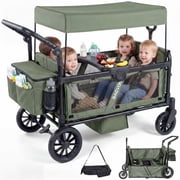 SACVON 4-Seater Stroller Wagon with Side Entry, Canopy &amp; Snack Tray, Includes Detachable Storage Bag That Converts to a Backpack– Olive Green