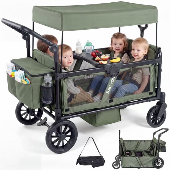 SACVON 4-Seater Stroller Wagon with Side Entry, Canopy & Snack Tray, Includes Detachable Storage Bag That Converts to a Backpack– Olive Green