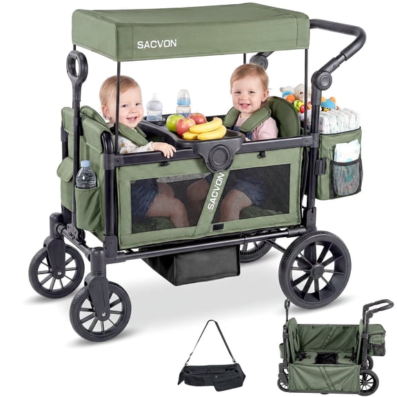 SACVON 2-Seater Stroller Wagon with Side Entry, Canopy & Snack Tray, Includes Removable Storage Bag That Converts to a Backpack-Olive Green