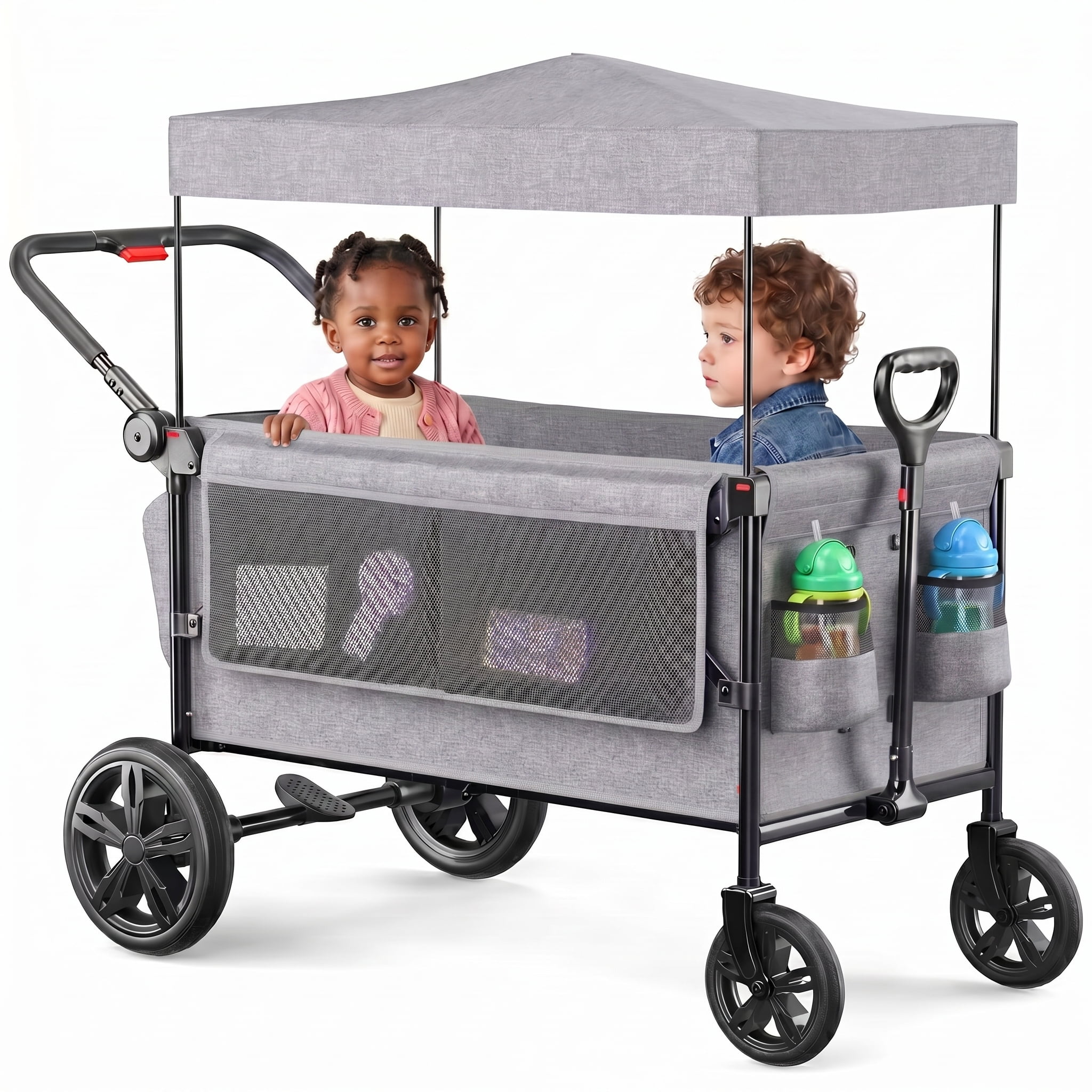 SACVON All-Terrain Stroller Wagon for Toddlers with Canopy, Parent Organizer, Adjustable Handlebar, 2 Cup Holders