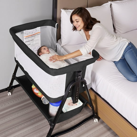 SACVON Baby Bassinet Bedside Sleeper, 6 adjustable height settings, compatible with adult beds, suitable for babies under 12 months, unisex (Black)