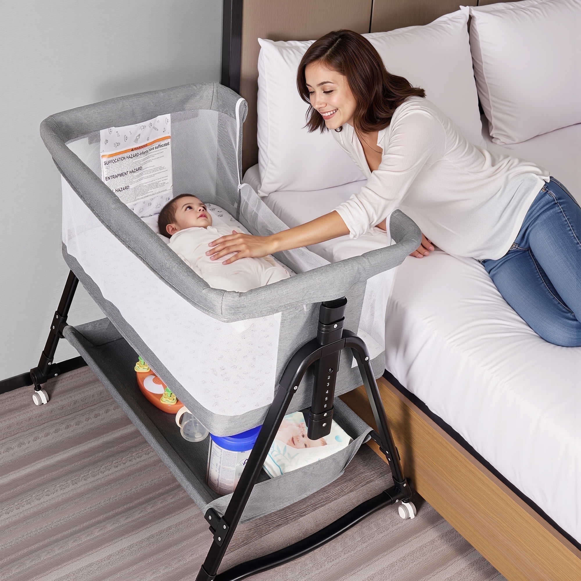 Walmart exclusive discounts  SACVON Baby Bassinet Bedside Sleeper, 6 adjustable height settings, compatible with adult beds, suitable for babies under 12 months, unisex (Gray)
