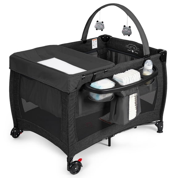 SACVON Baby Playard with Detachable Infant Bassinet and Changing Table, Foldable Travel Play Yard with Storage Basket and Wheels,Black