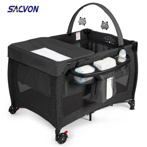 SACVON Baby Playard with Detachable Infant Bassinet and Changing Table, Foldable Travel Play Yard with Storage Basket and Wheels,Black