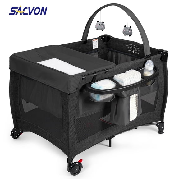 SACVON Baby Playard with Detachable Infant Bassinet and Changing Table, Foldable Travel Play Yard with Storage Basket and Wheels,Black