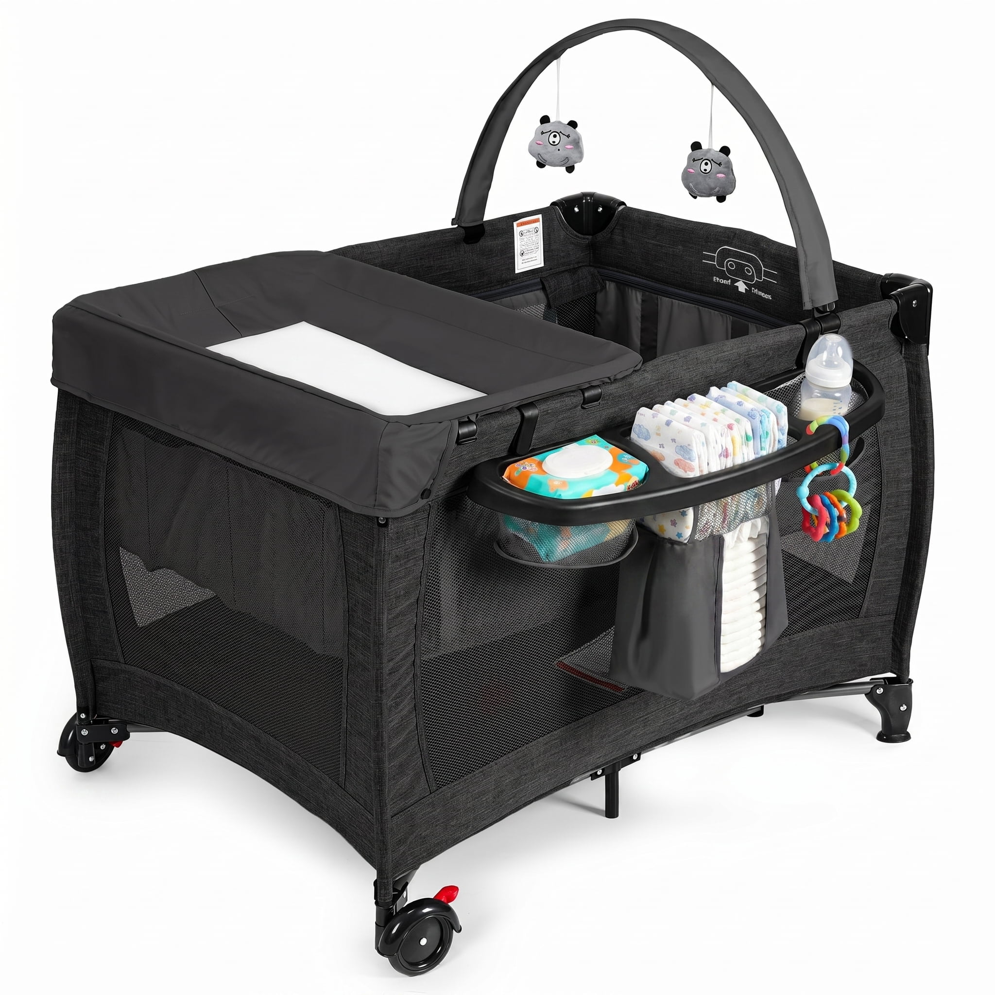 SACVON Baby Playard with Detachable Infant Bassinet and Changing Table, Foldable Travel Play Yard with Storage Basket and Wheels,Black