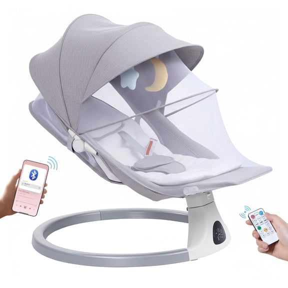 SACVON Portable Baby Swing, 5 Speed & Bluetooth Music, with Remote Control for Indoor Outdoor Use, for Infants 0-6 Months, Gray