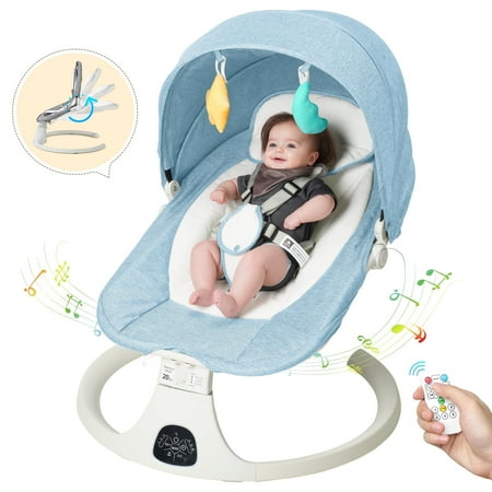 SACVON Baby Swing for Infants, Baby Rocker with 5 Point Harness, Bluetooth Support, 8 Preset Lullabies, 3 Speed Natural, with Remote Control and 2 Hanging Toys, Blue