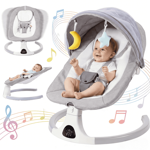 SACVON Baby Swing with Bluetooth Music and Remote Control, 5 Adjustable Settings, Portable, Suitable for Indoor and Outdoor Use, Gray