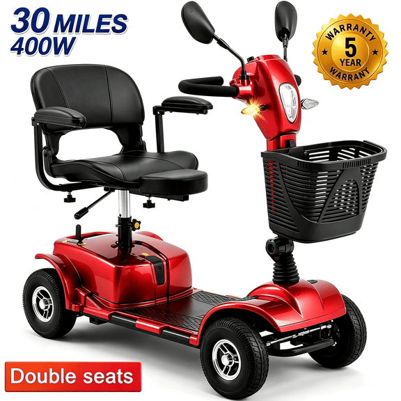 SACVON 4 Wheel Mobility Scooter for Seniors, 30 Miles Long Range Travel Powered Scooter with 330lbs Capacity, 400W Motor, 9" Anti-Explosion Tires, Extended Comfort Swivel Seat, Red