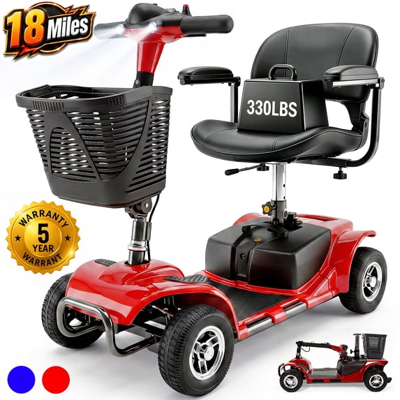SACVON 4 Wheel Mobility Scooter for Seniors, Foldable Electric Scooter for Adults, 330 lbs Capacity, 18 Mile Range, 350W Motor, Swivel Seat, Red