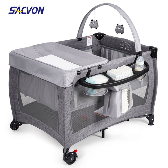 SACVON Portable Baby Playard with Bassinet & Changing Station | Bedside Crib | Removable Storage Organizer | Gray