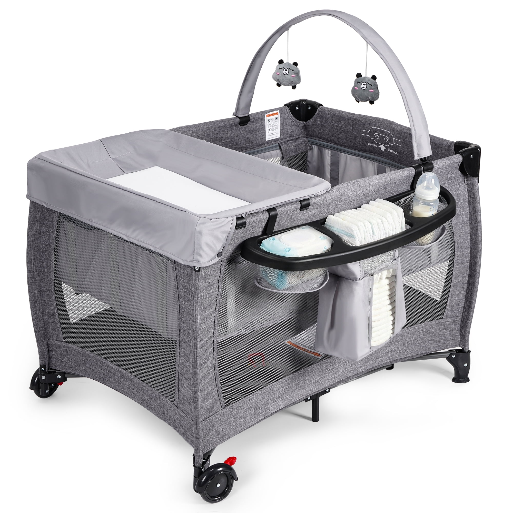 SACVON Portable Baby Playard with Bassinet & Changing Station | Bedside Crib | Removable Storage Organizer | Gray