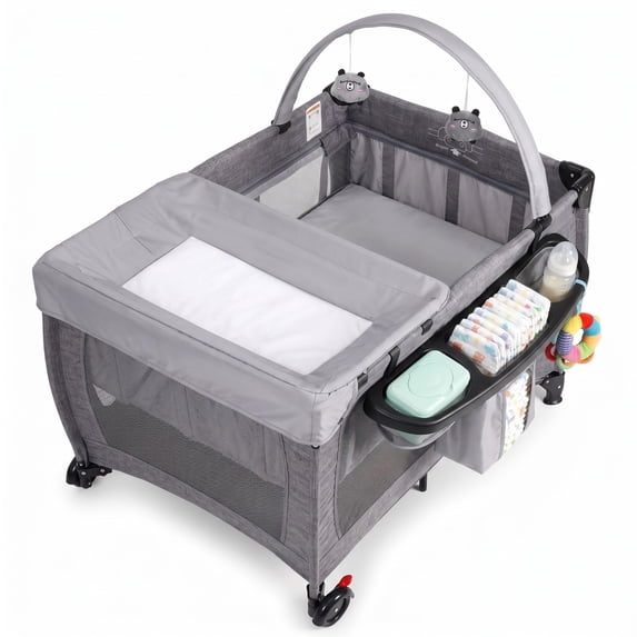 SACVON Portable Baby Playard with Bassinet & Changing Station | Bedside Crib | Removable Storage Organizer | Gray