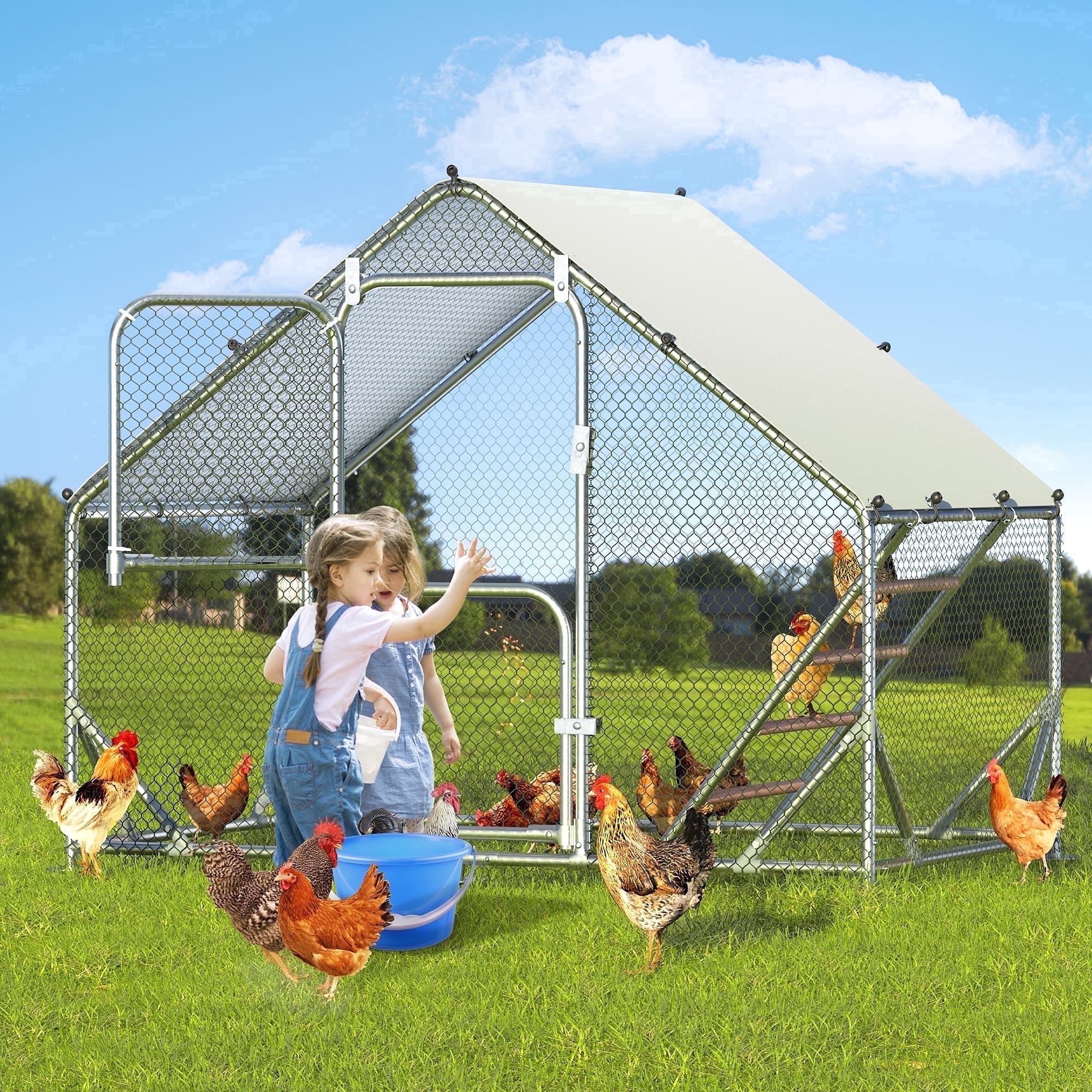 SACVON Large Metal Chicken Coop with Waterproof PE Tarp, Ground