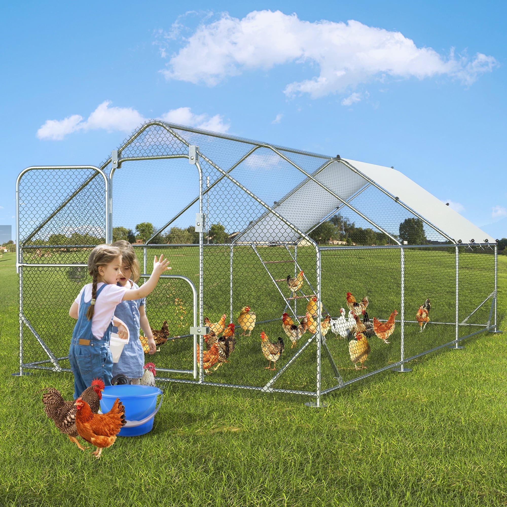 Walmart sales :  SACVON Large Metal Chicken Coop, 19.7x9.8x6.6 ft, Predator Proof Poultry Cage with Waterproof Cover and Chicken Perch