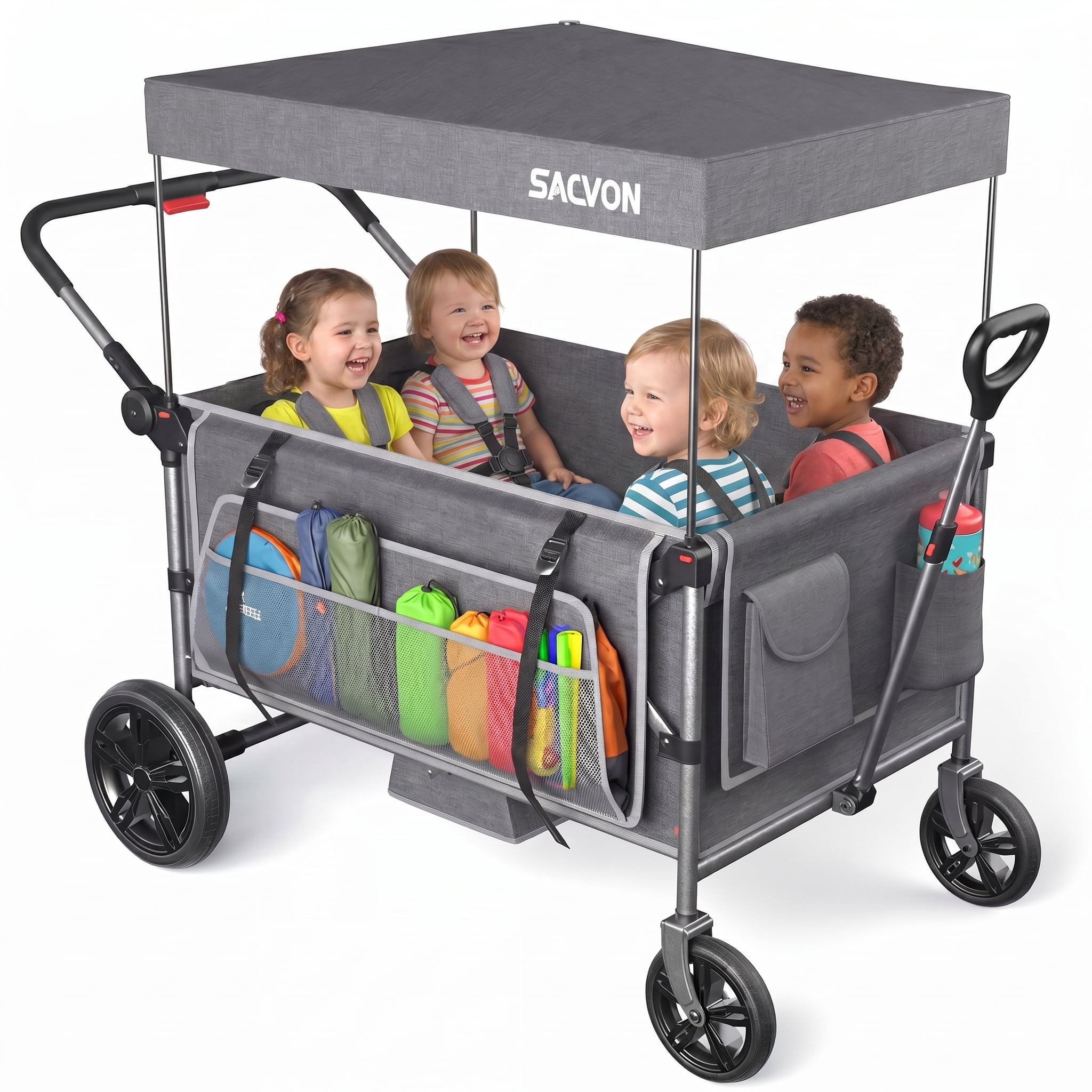 SACVON Stroller Wagon for 4 Kids with 5-Point Harnesses,Detachable Seats Stroller Wagon 4 Seater for Garden,Removable Canopy,Adjustable Handles,Camping Trips,Gray