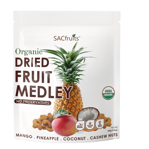 SACfruits Organic Plant Based Dried Mango Pineapple Coconut Honey Roasted Cashew Medley 3-Pack 10.5oz