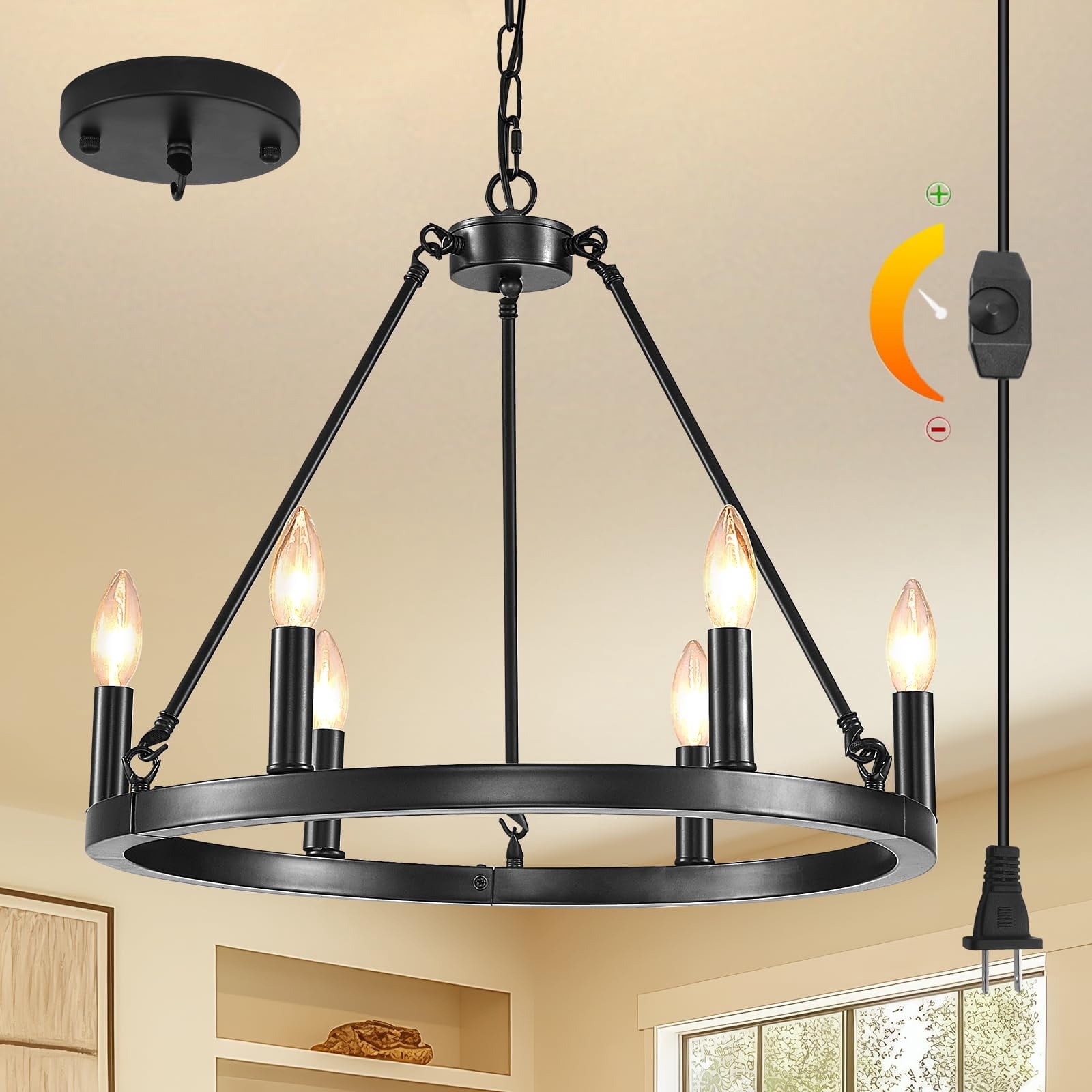 SADALAK DIMMABLE Wagon Wheel Plug in Chandelier 6-Light, 20.5" Black Round Farmhouse Pendant Light Fixture with Cord, Height Adjustable Industrial Hanging Light, Outdoor Ceiling Light for Dining Room