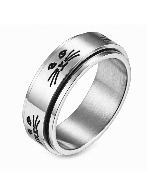 Cat Spinner Ring, Stainless Steel Rotating Band with Layered Design and Whisker Motifs, Sizes 6-11, for Daily Wear, Birthdays, and Gift for Cat Lovers
