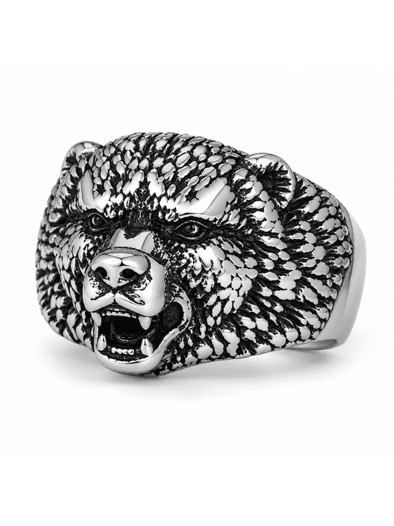 Men's Bear Head Ring, Stainless Steel Textured Animal Ring, Sizes 7-13, Gift for Him