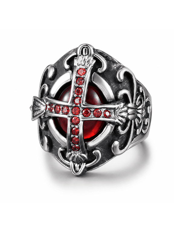 Men's Bow and Arrow Ring, Stainless Steel Gothic Statement Ring with Red Center and Raised Details, Wide Face, US Sizes 7-14 for Rock,Halloween, Concerts, Birthday Gift for Him