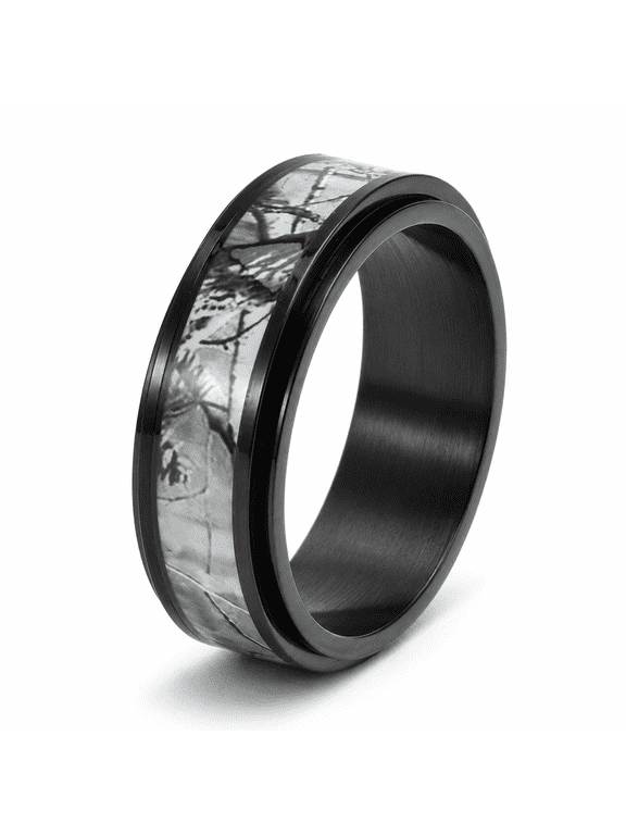 Men's Camo Spinner Ring, Stainless Steel Tree Branch Textured Band with Rotating Outer Ring, US Sizes 6-12, Outdoor-Inspired Gift for Him