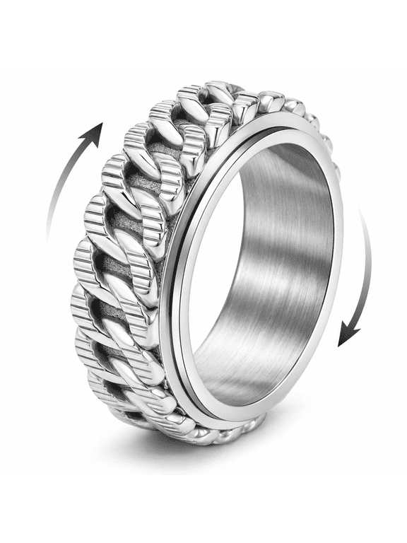 Men's Chain-Link Pattern Spinner Ring, Stainless Steel 8mm Wide Band, US Sizes 6-13, Gift for Him