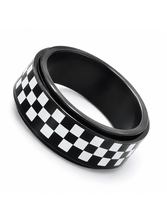 Men's Checkerboard Spinner Ring, Stainless Steel Rotating Band with Wide Checkered Profile, US Sizes 6–12, Geometric Street Style Ring, Birthday Gift for Him