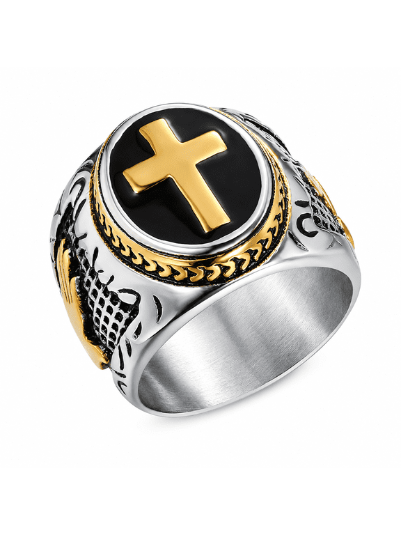 Men’s Cross Signet Ring Stainless Steel Gothic Inspired Statement Ring with Raised Cross Face and Decorative Side Details Sizes 7-15