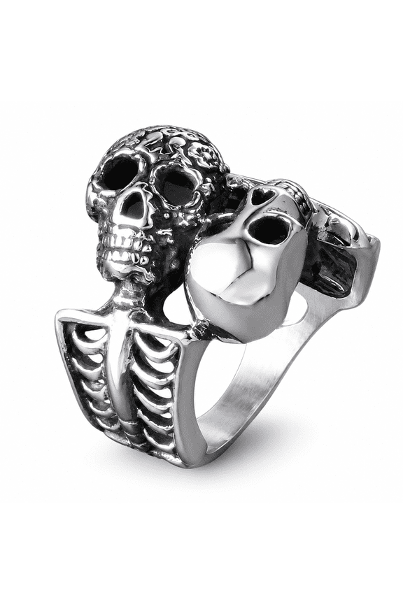 Men's Double Skull Ring, Stainless Steel Gothic Statement Ring with Sculpted Skeleton Rib Cage Band, Sizes 7-15, for Biker Looks, Birthdays, Graduations, Gift for Him