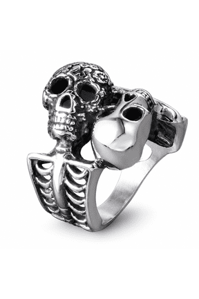 Men's Double Skull Ring, Stainless Steel Gothic Statement Ring with Sculpted Skeleton Rib Cage Band, Sizes 7-15, for Biker Looks, Birthdays, Graduations, Gift for Him
