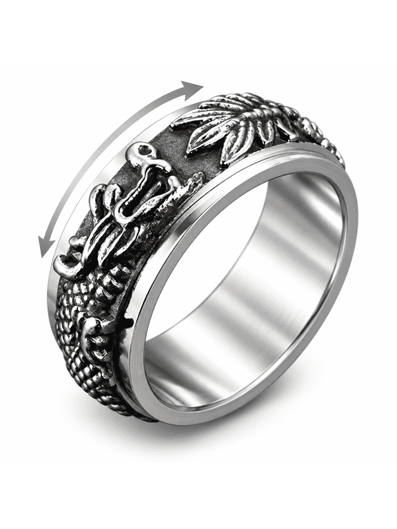 Men’s Dragon Spinner Ring, Stainless Steel Rotating Band, Raised Details, Sizes 7–11, Gift for Him