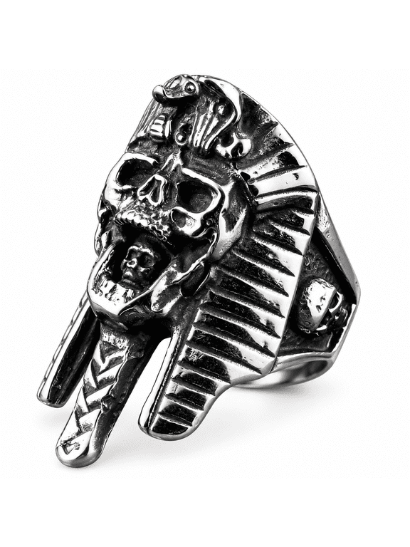 Men's Egyptian Skull Ring, Stainless Steel Gothic Biker Statement Ring, Sizes 7-12, Gift for Him