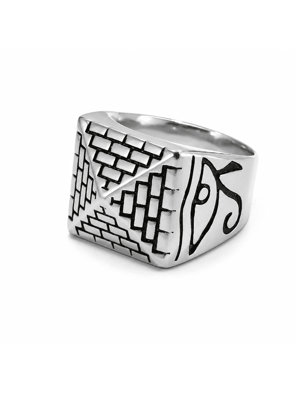 Men’s Eye of Horus Ring, Stainless Steel Egyptian Pyramid Signet Ring, Statement Style, US Sizes 8-13 Gift for Him