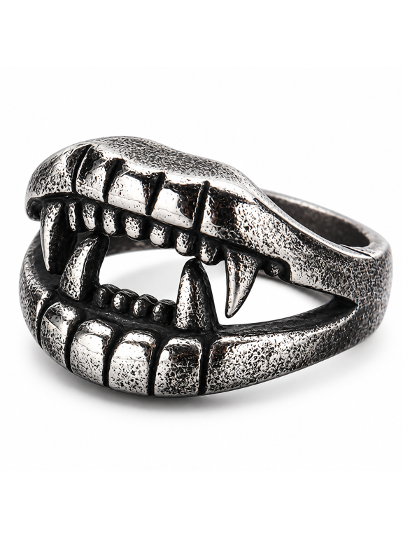 Men's Fanged Mouth Ring, Textured Gothic Stainless Steel Open Jaw, US Sizes 7-13, Gift for Him