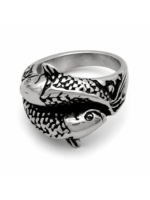 Men's Fish Ring, Stainless Steel Ocean Animal Ring with Raised Scale Detail and Wraparound Fish Design, US Sizes 7-13, Fishing Style Gift for Him, Birthday and Father's Day
