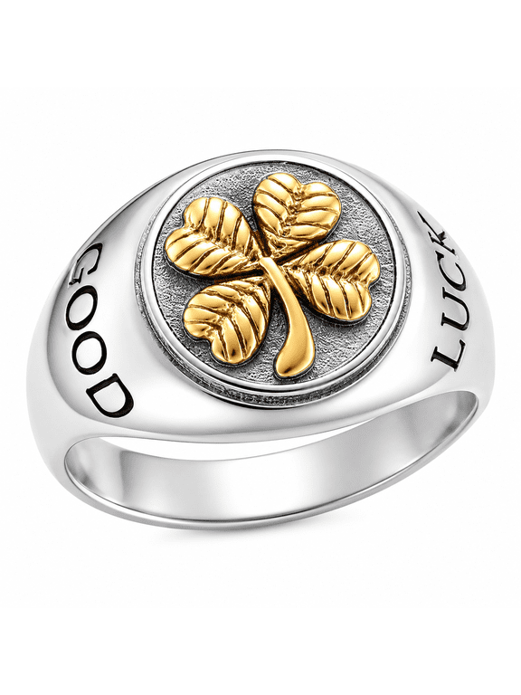 Men’s Four Leaf Clover Ring Stainless Steel Signet Statement Ring with Raised Clover Leaf Details, Symbol Meaning Design, US Sizes 7-13, Gift for Him